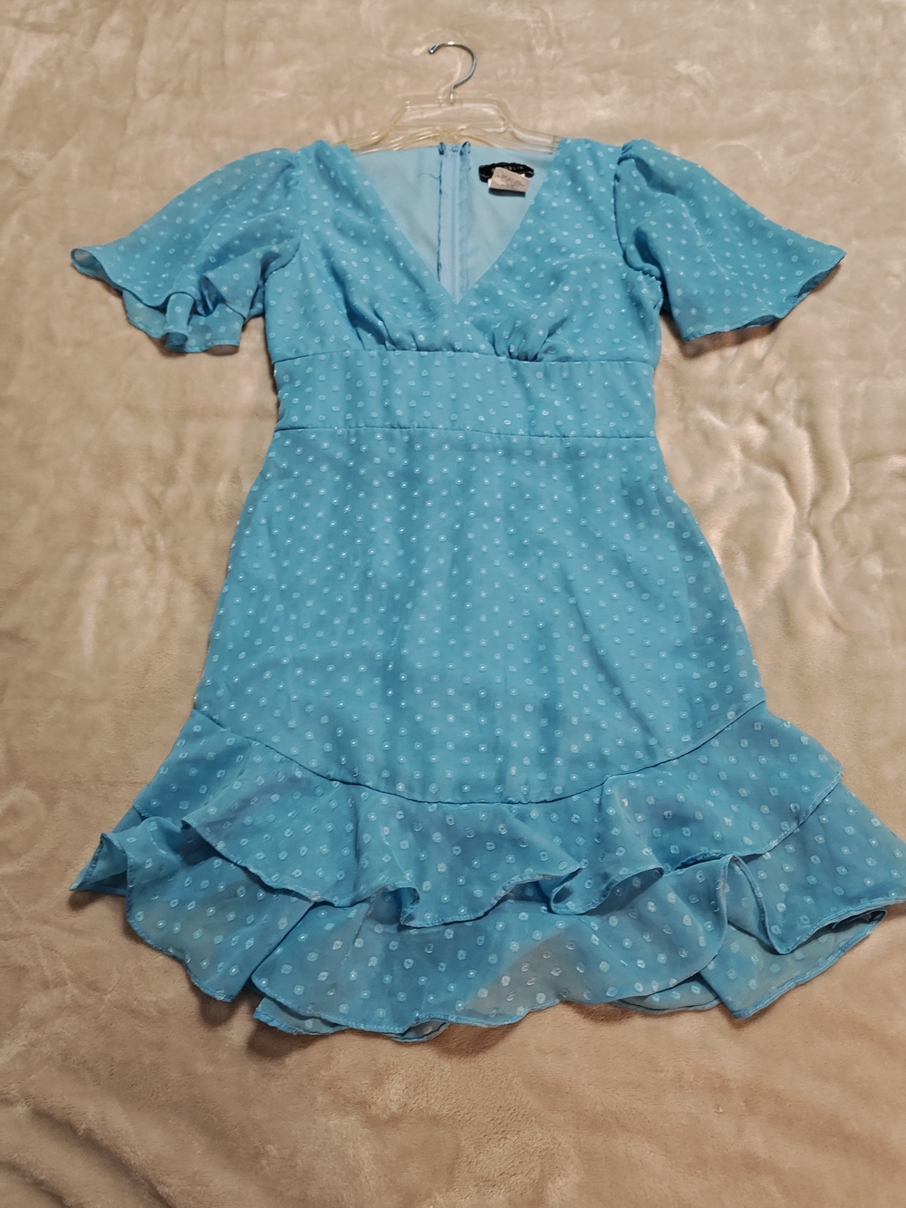 B Darlin Light Blue Polka Dot Midi Dress with Ruffle Hem